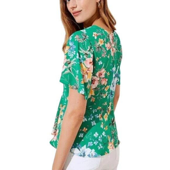 Loft Peplum Blouse Size 2 Floral Short Sleeve Back Zipper Green Multicolor Boho - Picture 2 of 8